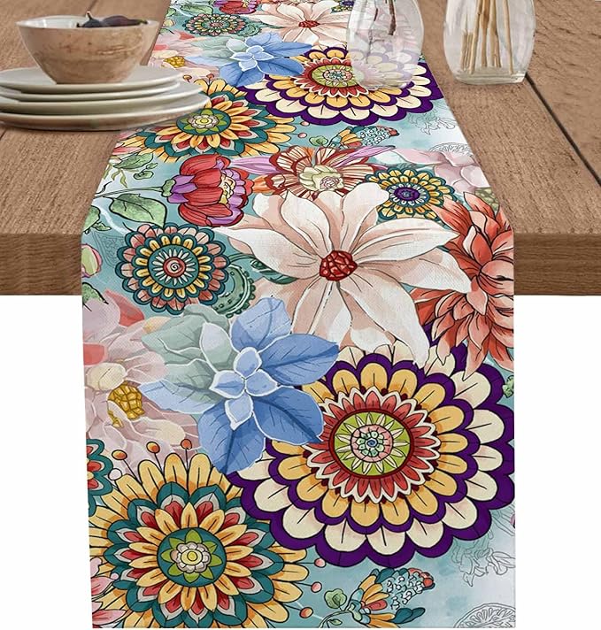 Boho Flowers Cotton Linen Table Runner for Dining Kitchen, Wedding Outdoor Party Tablerunners Decoration, Colorful Floral Farm Vintage Botanical Dresser Scarf Coffee Tablecloth Runners 13x36 Inches