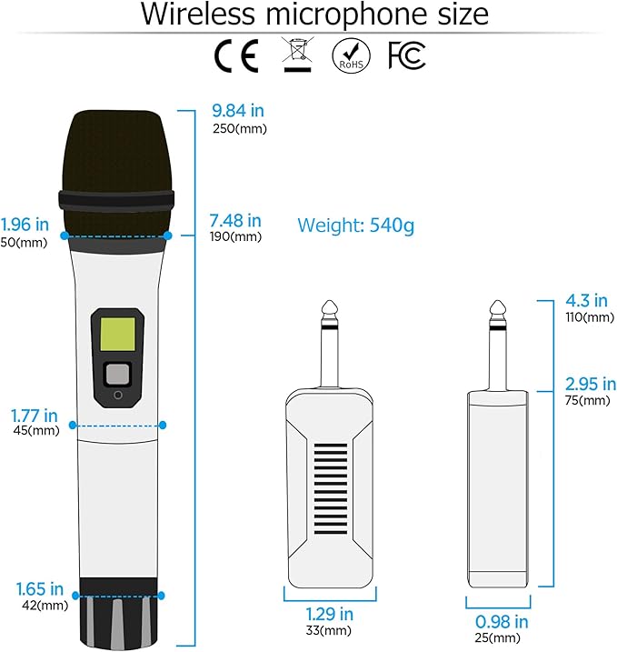 Bietrun Wireless Microphone, Professional UHF Metal Dual Handheld Cordless Dynamic Mic System Set with Rechargeable Receiver, 1/4‘’Output, Plug and Play, Instrument-Wireless-Mics for Karaoke, Wedding