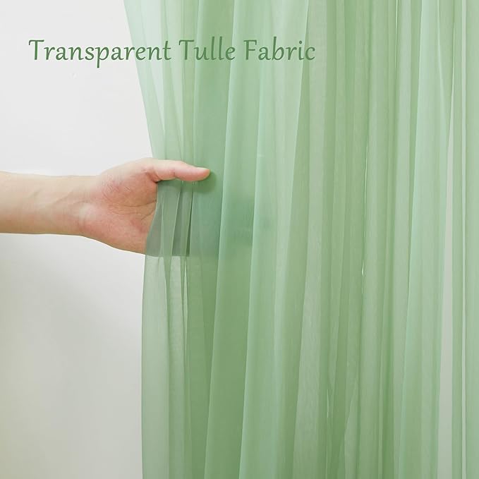 30×10ft Green Tulle Backdrop Curtain with Lights String for Parties, Sheer Photo Backdrop Curtains for Wedding Party Photography Background