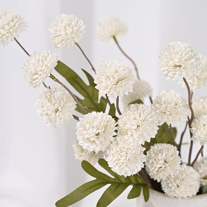 Waipfaru 10pcs Fake Silk Pompon Mum Artificial Flowers, Bulk Faux Mini Chrysanthemums with 2pcs Eucalyptus Stems, for Centerpieces Wedding Fillers Champagne Arrangements Shower Decorations, White