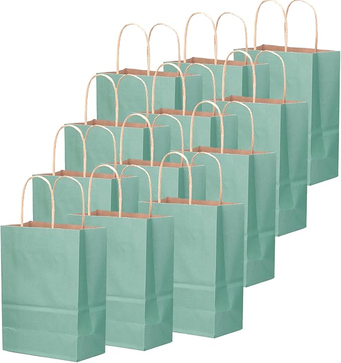 qiqee 50-Packs Kraft Light Blue Paper Gift Bags with Handles Bulk 11"x8.3"x4.3" Medium Size Paper Bags Multiple Uses