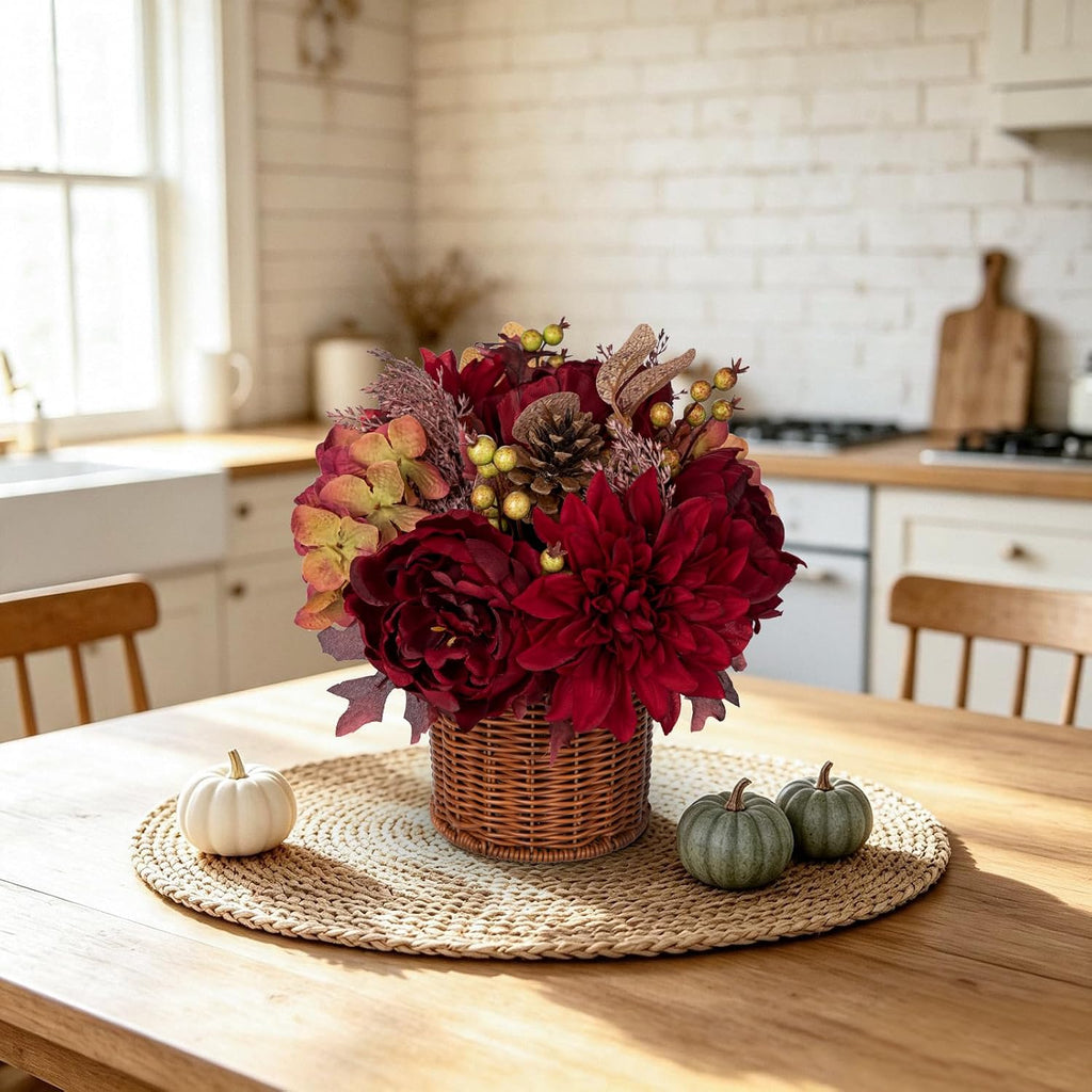 hydrangea 13.8" fall flowers arrangement in baskets pot showing dimensions