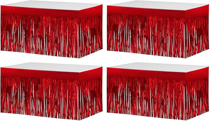 4 Pack 29x108 Inch Metallic Foil Fringe Tinsel Table Skirts for Rectangle Tables Streamer Backdrop for Wedding, Birthday, Parade Floats, Christmas, Halloween Party Decoration(Red)