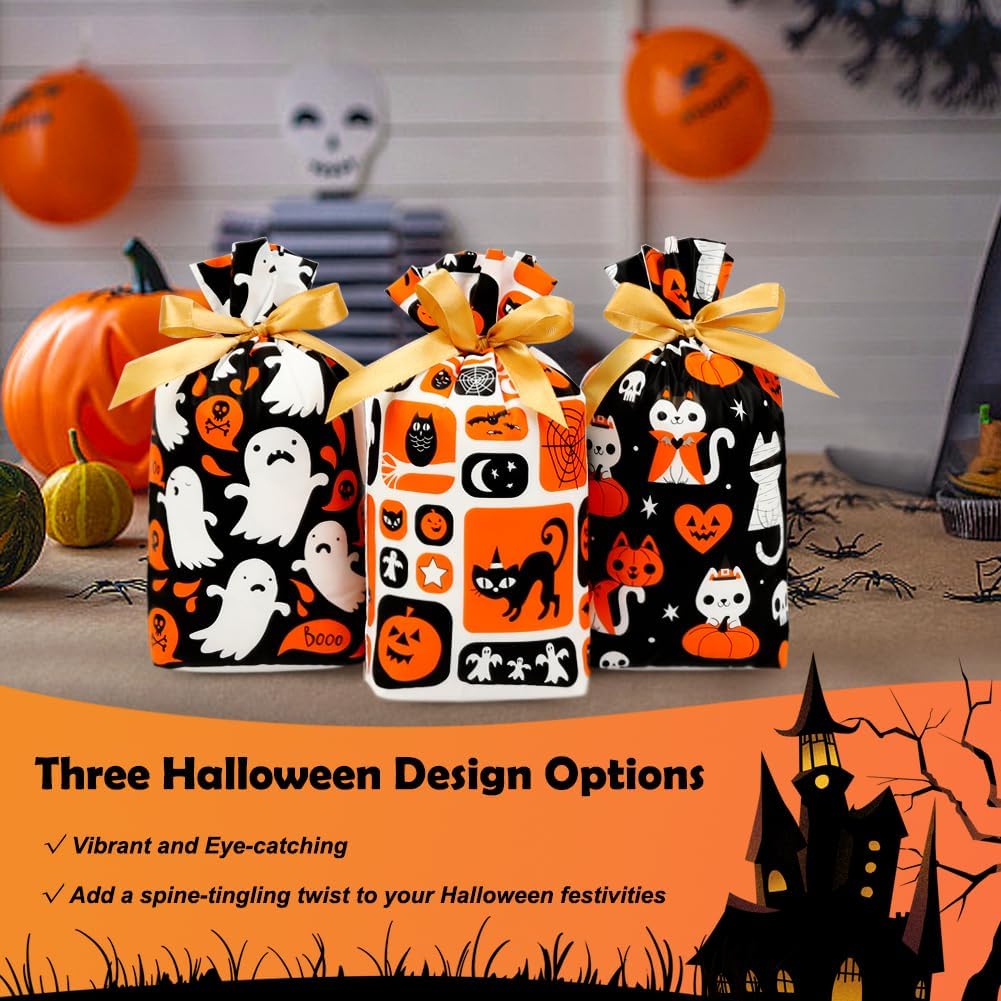 Shintop Halloween Treat Bags, 50PCS Small Candy Bags Drawstring Reusable Plastic Goodie Gift Pouches Party Favors Supplies for Trick or Treat Sweets Cookies (Ghosts, Black Cats, Pumpkins)