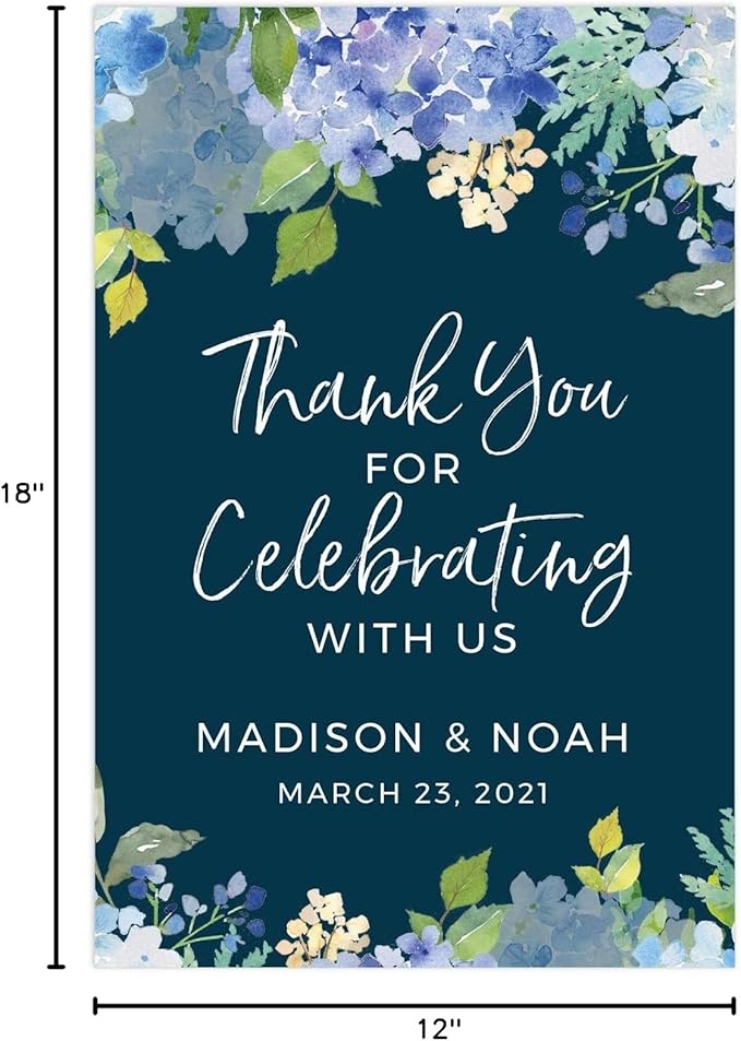 Andaz Press Personalized Extra Large Wedding Easel Board Party Sign, 12x18-inch, Baby Blue Hydrangea Floral Flowers on Navy, Thank You for Celebrating With Us Bride Groom Name Date, 1-Pack, Custom