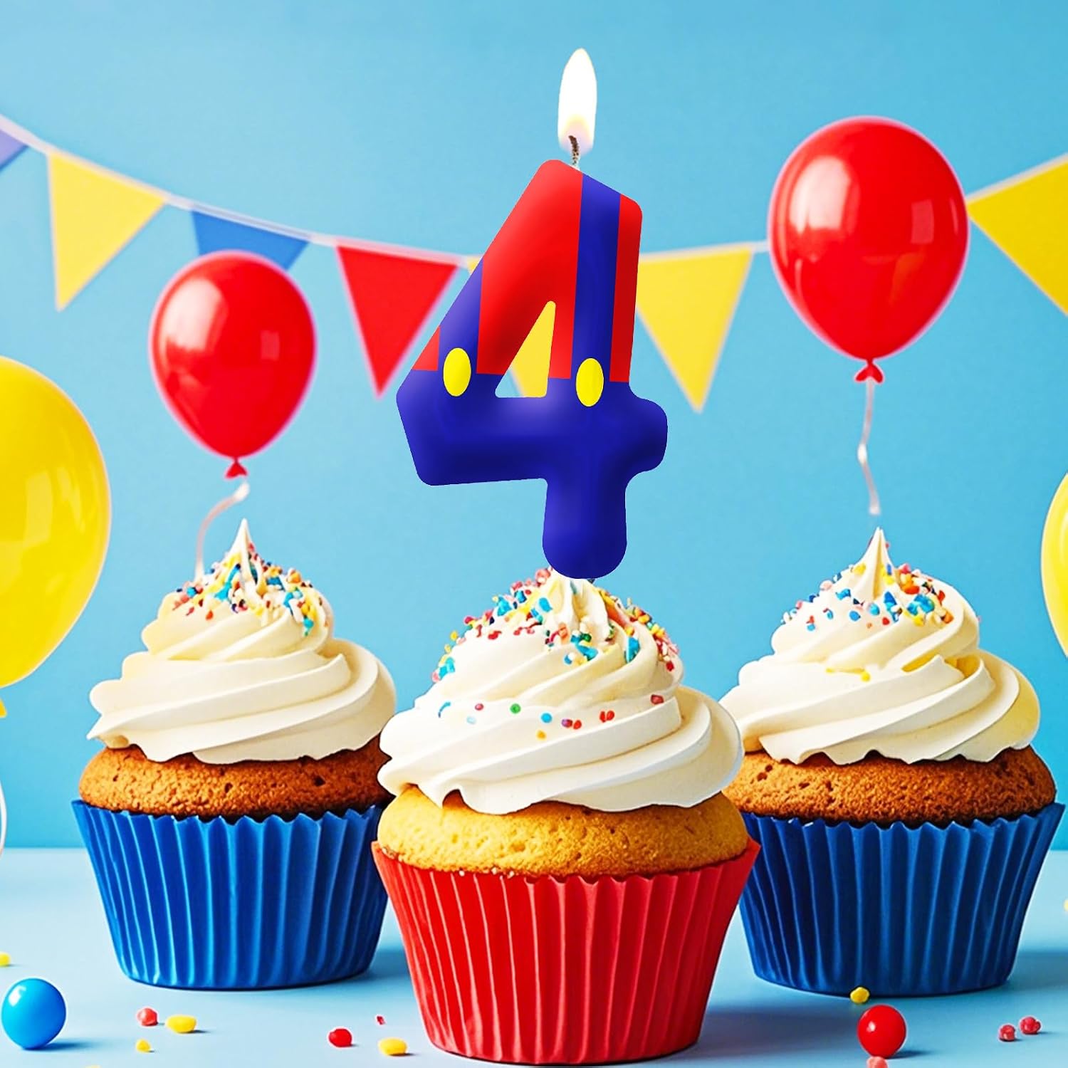 Blue Red 4th Birthday Number Candles, Number 4 Candle Cake Topper Decorations for Cartoon Game Themed Parties, Birthday Cake Candles for Boys Girls Kids Party Supplies