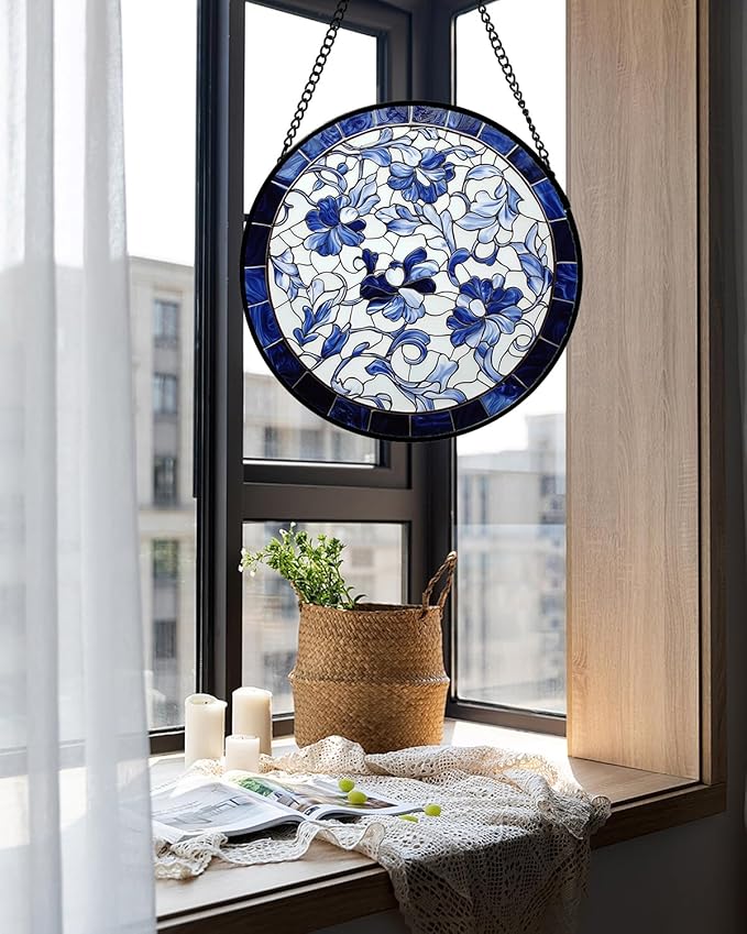 Stained Glass Window Hanging, Blue and White Abstract Flowers Sun Catcher for Door Home Decor Suncatcher Christmas Mother's Day Birthday Gifts for Women Men Mom and Nana 6.3 in