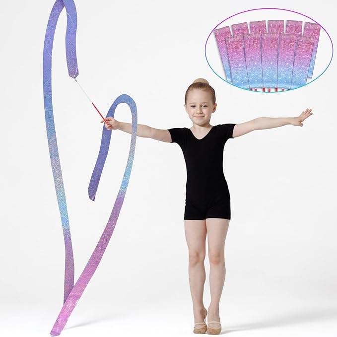 24 Pcs Sparkling Dance Ribbon for Kids Rhythmic Gymnastics Birthday Party Favors Twirling Streamer for Girl Princess Artistic Dancing Outdoor Game Supplies(Gradient Blue Purple)