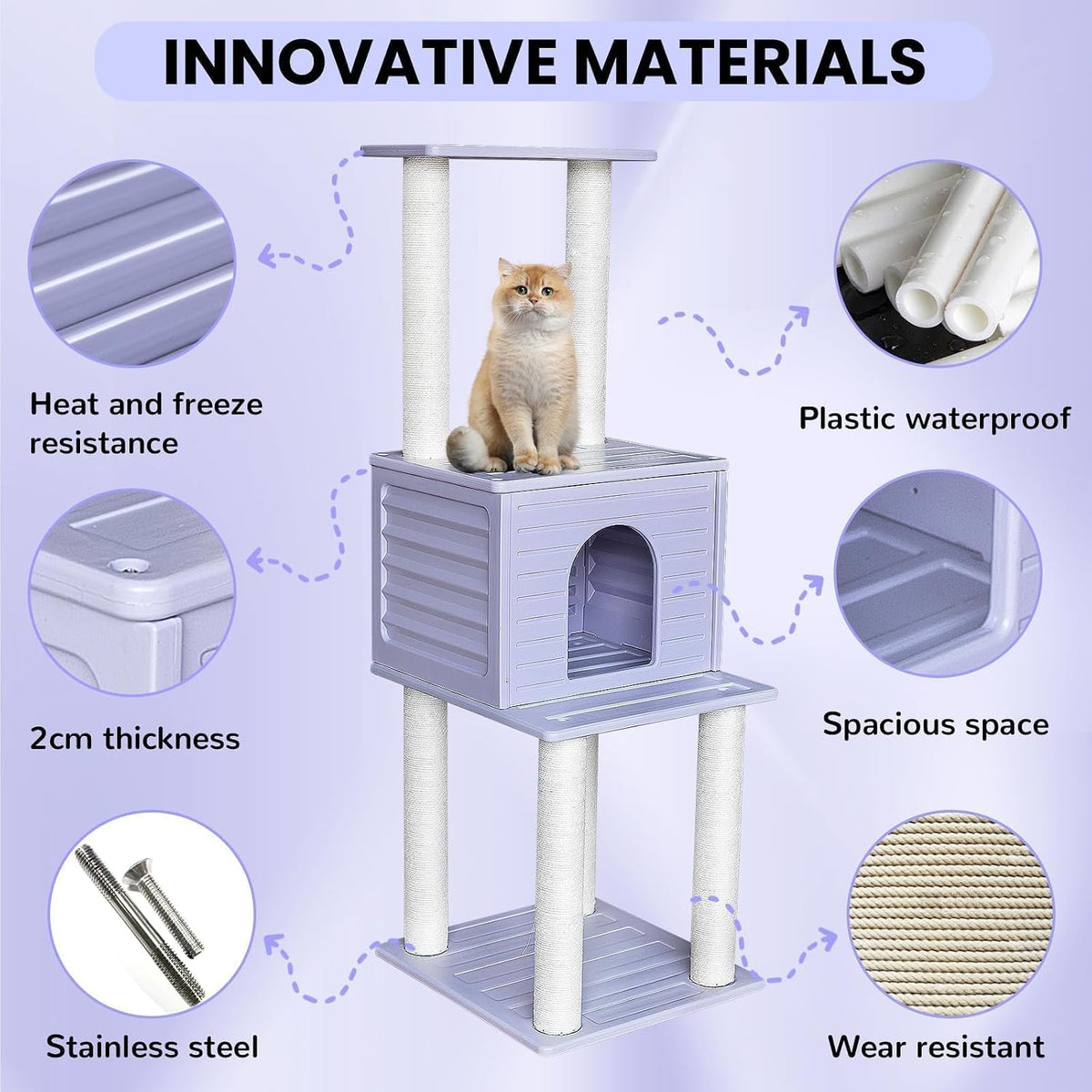 61in weatherproof large cat condo with scratch post shown in use