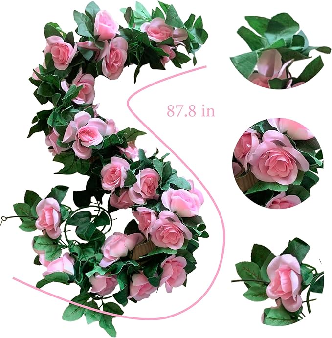 4 Pack Artificial Rose Vine Garland Fake Roses Flowers Plants Vines Hanging Floral Leaves Decoration for Wedding Party Table Garden Arch Wall Home Room Decor(Pink)