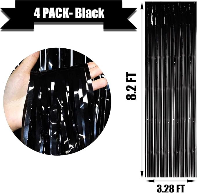 4 Pack Black Foil Fringe Curtain Backdrop, 3.28Ft x 8.2Ft Metallic Tinsel Streamer Curtains for Party, Photo Booth Props, Birthday, 2022 Graduation Decoration Party Supplies