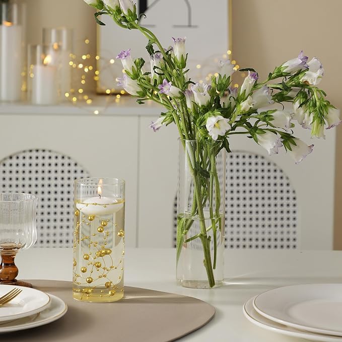 Set of 12 Glass Cylinder Vases for Centerpieces with 8 Pack Vase filler 12 Pearl String 24 White Floating Candles for Centerpieces, Table Center pieces for Wedding Party Home Decor 5, 6, 8 Inch