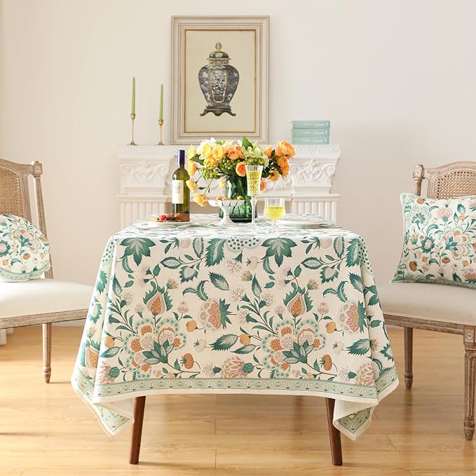 patdrea Designer Green Extra Long Rectangle Table Cloth,Italian Floral Country Linen Breathable Tablecloth,Decor Cover for Kitchen Dining,Christmas,Tea Party,Thanksgiving,63"x110"-Tree Life