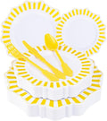 COLOSUS 150pcs Disposable White Lemon Yellow Striped Plastic Party Plates and Silverware set, Yellow Dinner/Dessert Plates silverware 30guests for Easter Birthday Weeding Party and Daily use.
