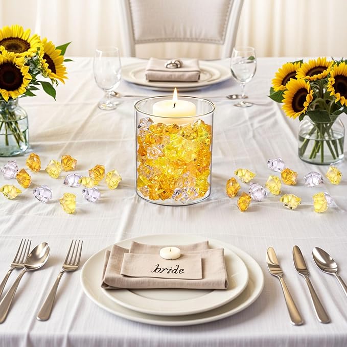 DomeStar Yellow and Orange Fake Ice, 150PCS Acrylic Fake Diamonds, Crushed Ices Plastic Gems Vases Fillers for Aquarium Tank Rocks Table Scatter Wedding Party Home Decor