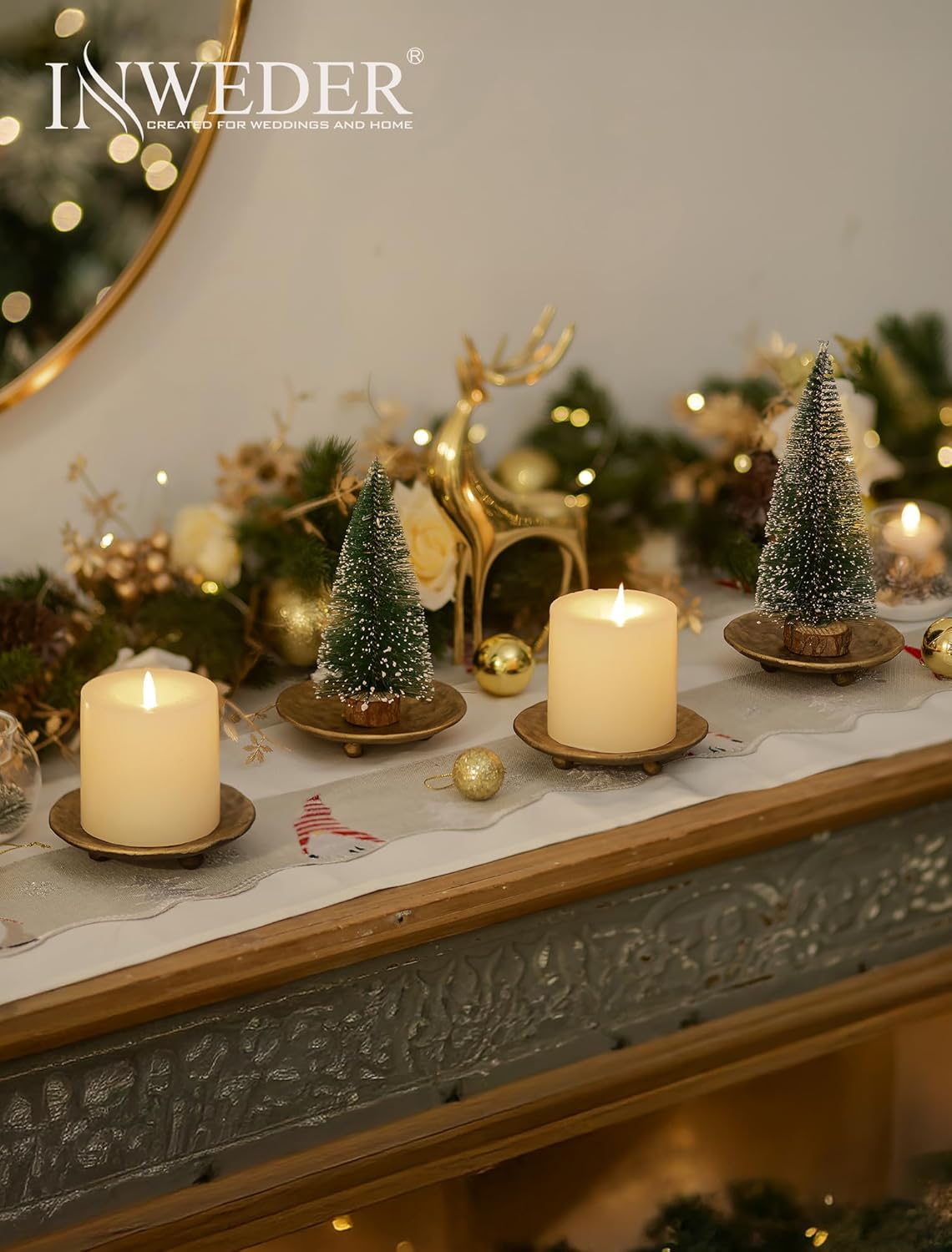 Cast Iron Candle Holder: 4.6 in Pillar Gold Candle Plate Brass Pedestal Stand Vintage Decorative Tray for 3 Wick Jar Candles Tealight Votive for Table Home Christmas Set of 2