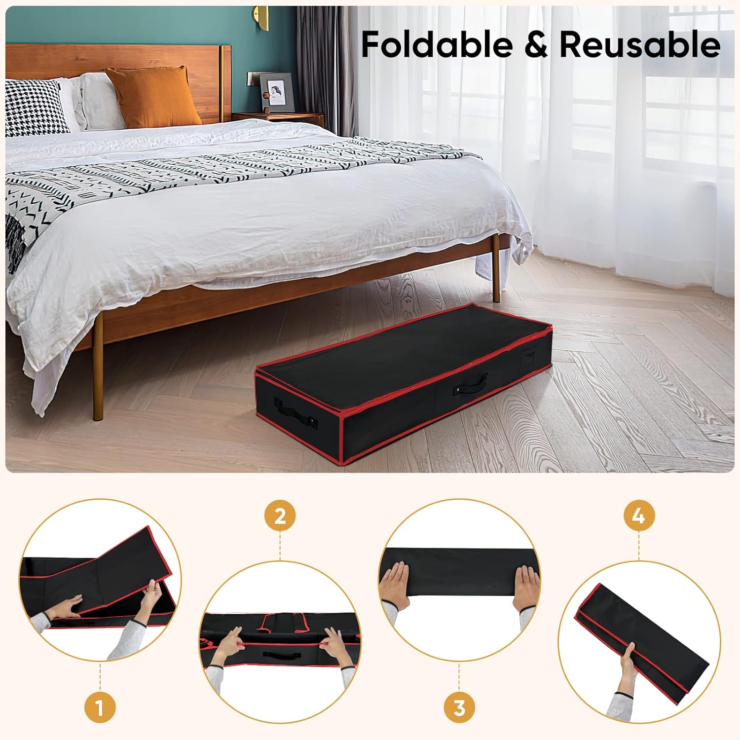 BALEINE Wrapping Paper Storage Organizer, 40" Durable 600D Oxford Fabric Gift Wrap Storage Bag with Flexible Partitions for Ribbon, Holiday Accessories (Black/Red)