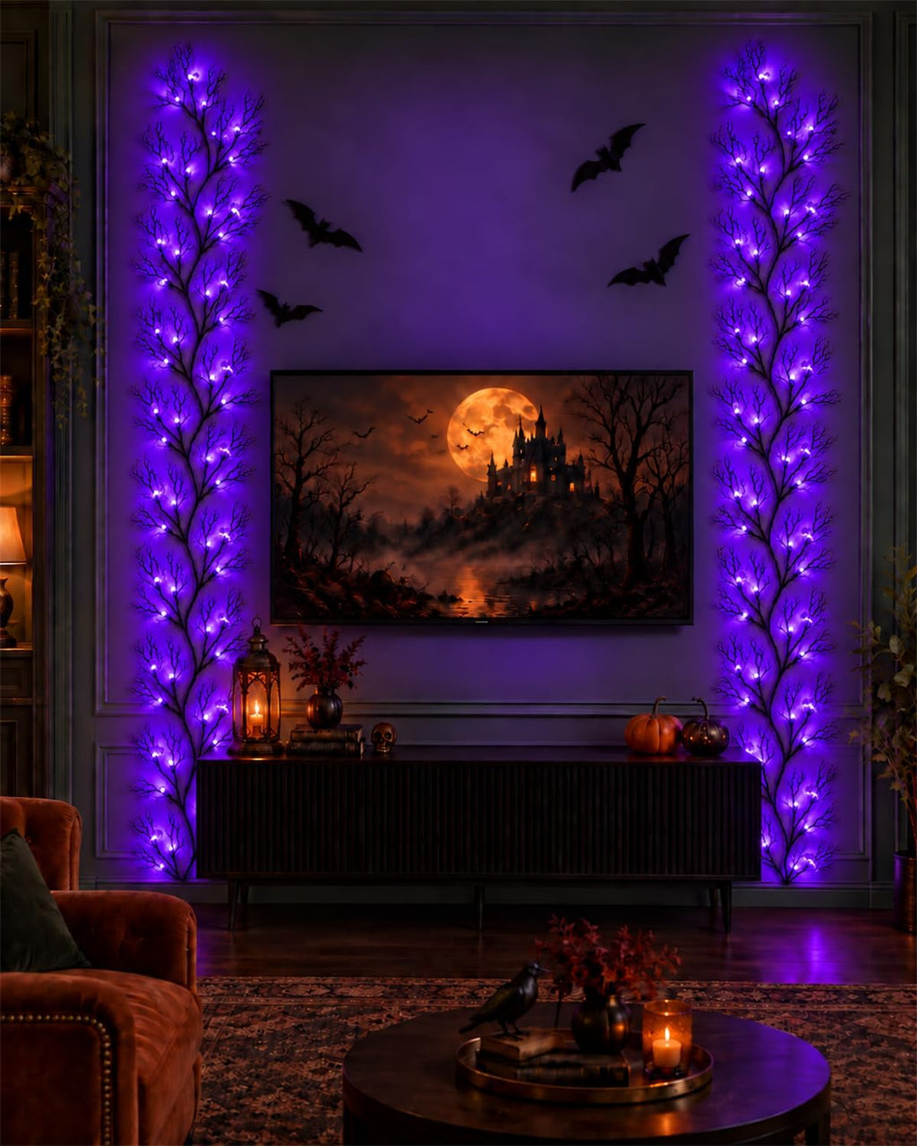 halloween twig garland decoration with 45 purple led shown in use