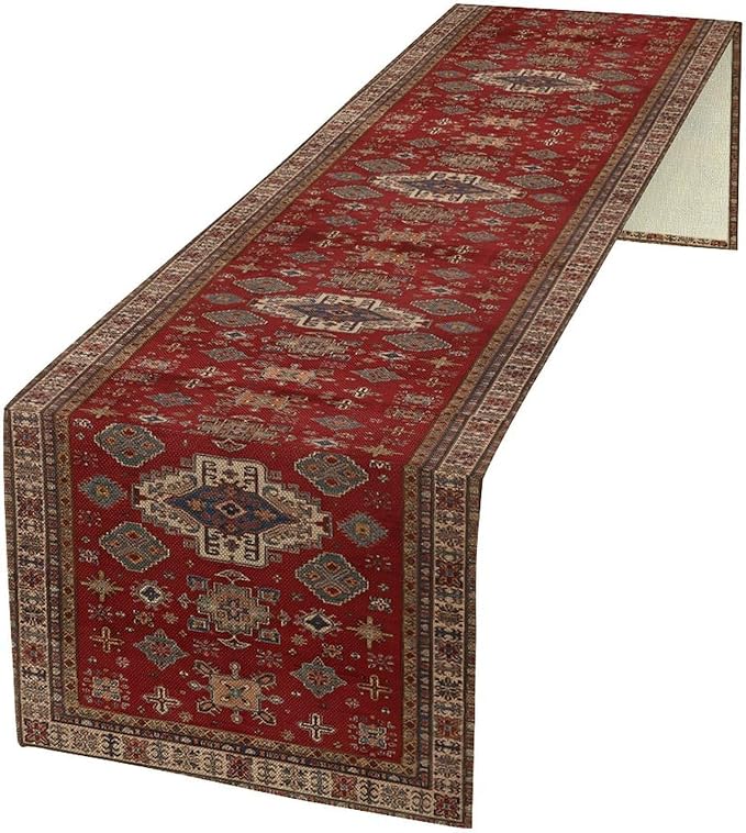 Boho Floral Vintage Table Runner, Retro Red Brown Flower Rustic Country Farmhouse Abstract Pattern for Home Kitchen Table Decor Dining Coffee Room Party Decor 13x90in