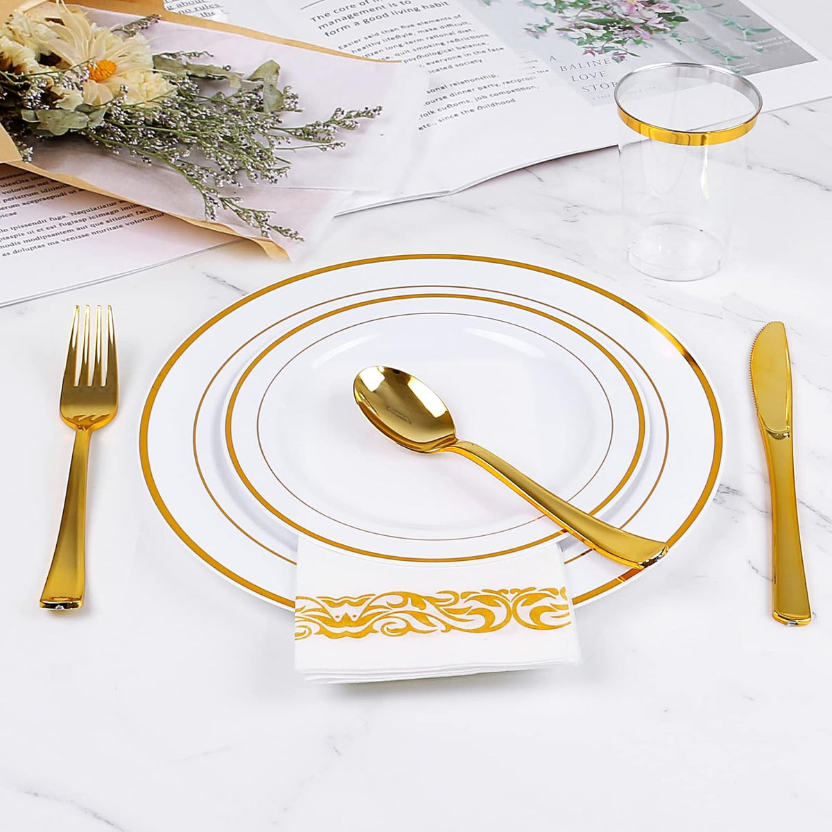 Gold Plastic Plates, MCIRCO 100 Pieces Disposable Party Plates for Weddings, ...