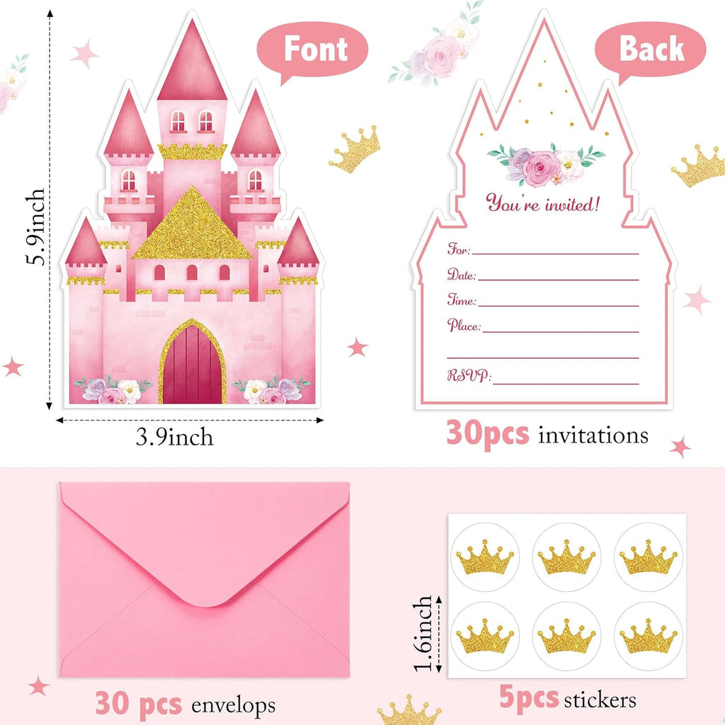 30 Sets Pink Castles Birthday Invitations with Envelopes Stickers Themed Invitations for Girl Boy Birthday Party Supplies Decoration