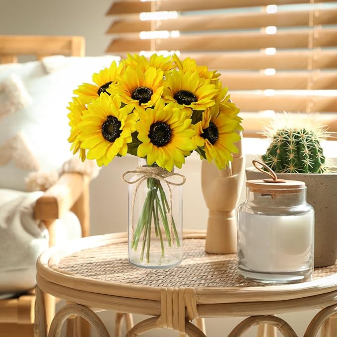 Leftover Sunflower Artificial Flowers in Vase,Sunflower Decor,Flower Centerpieces for Tables,Fake Flowers in Vase for Summer Decor, Yellow Decor