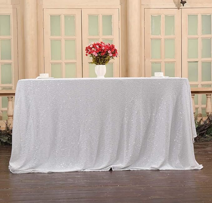 SquarePie Sequin Tablecloth 50 x 72 Inch White Sparkly Table Linen for Wedding Party