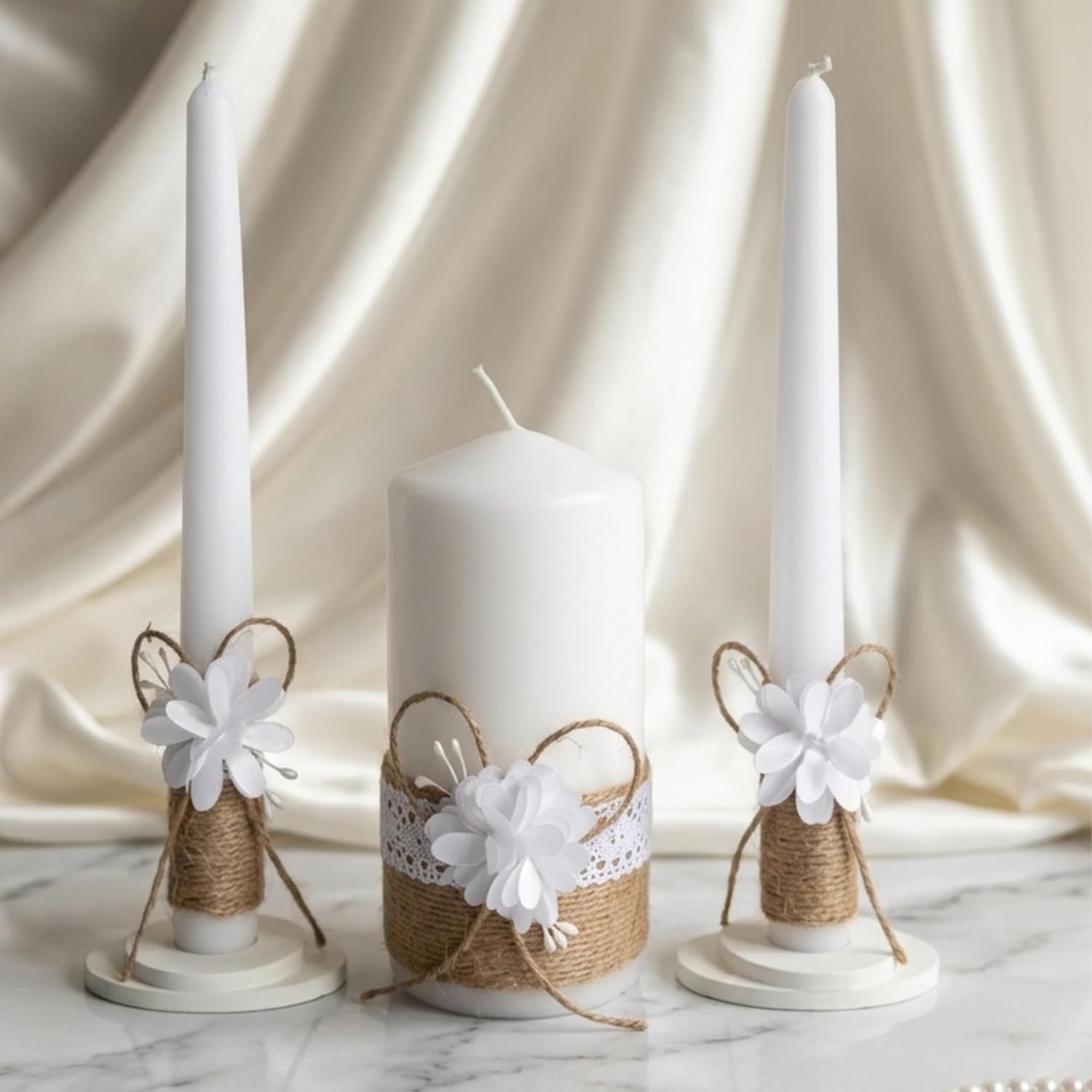 Unity Candle Set - Wedding Ceremony & Reception – 6” Pillar & Two 10” Taper Candles – Long Burning Wedding Unity Candles for Marriage Ritual – Home Decor- Handmade in USA – White | Rustic