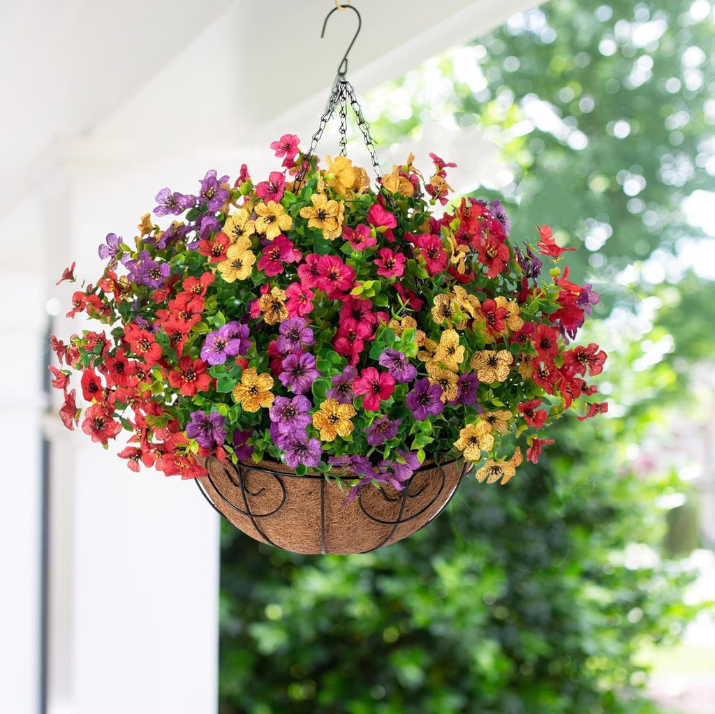 hyeflora artificial faux hanging plants flowers basket for on a desk or shelf