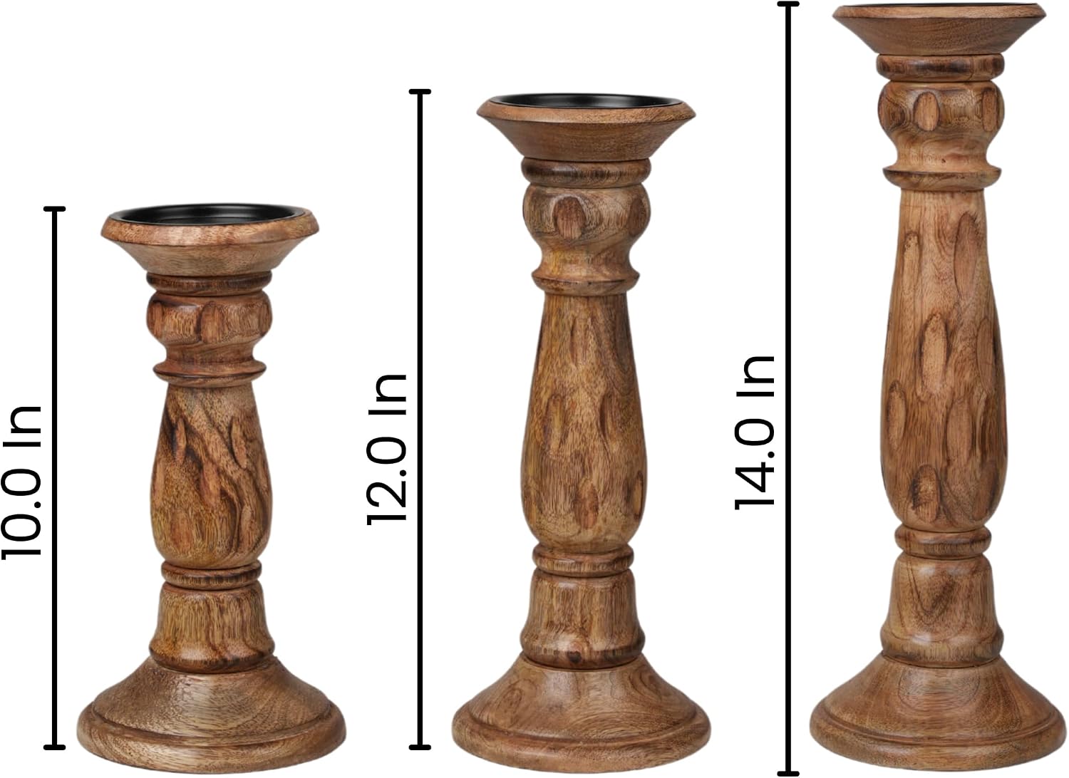 Rustic Wooden Candle Holder Set of 3, Hand-Carved Mango Wood with Elegant Design, Vintage Unique Carving Home Décor Pillar & Tea Light Candle Stands, Boho Chic Accent - 14,12,10 Inch Burnt