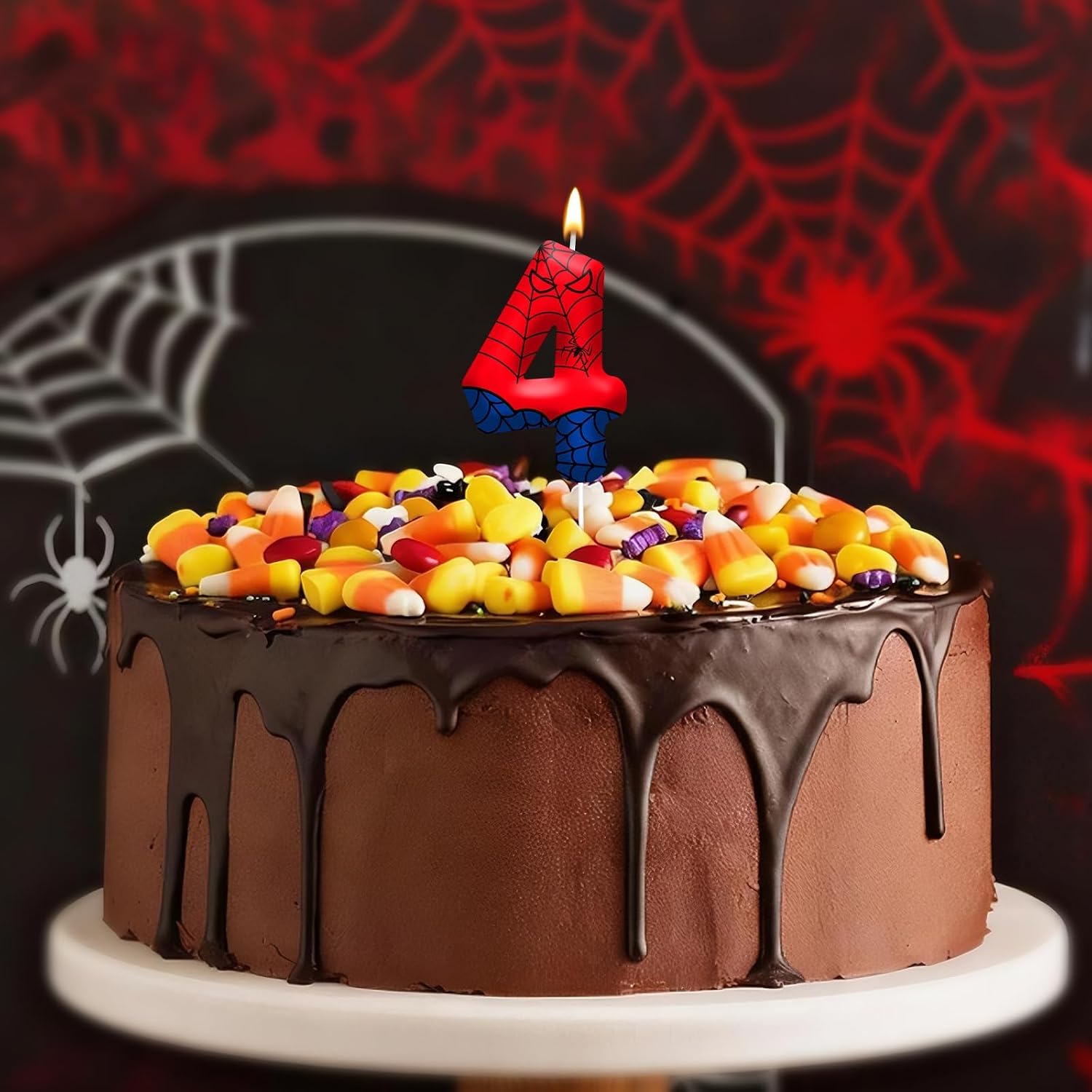 Spider Birthday Candles Number 4, Themed Cake Party Decoration | Red Blue Spider Web Number 4 Cake Candle Topper, Decor for Birthday Celebrations, Party Favors and Themed Gathering Supplies