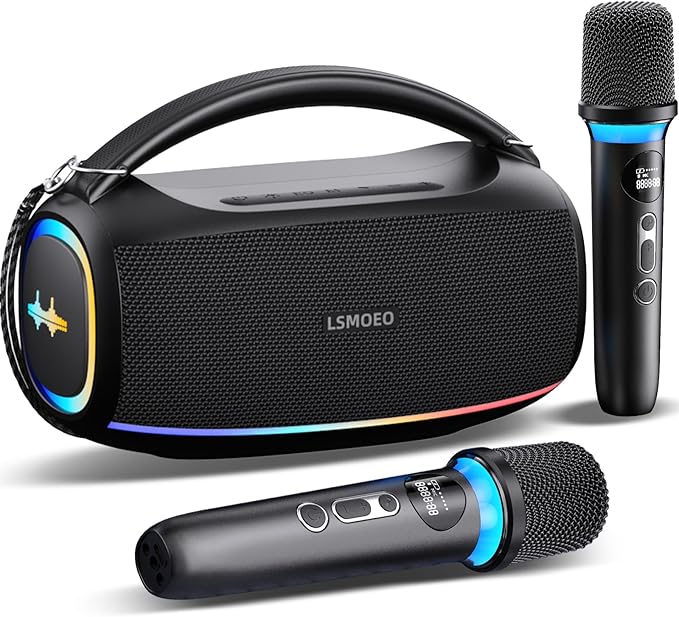 Karaoke Machine,IPX5 Waterproof Portable Bluetooth 5.3 Speaker with 2 Wireless Microphones for Adults & Kids,60W PA System Supports TWS/TF Card/USB/AUX/Live for Home Party-Black