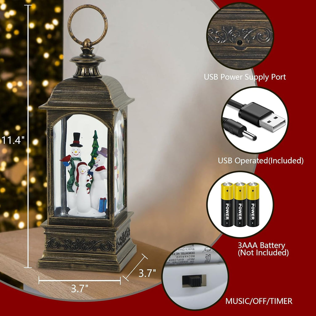 Christmas Snow Globe Swirling Glittering Snowman Scene with Timer & Music, Lighted Water Lantern USB Lined/Battery Operated for Christmas Festival Decoration Gifts - 11.4 inch