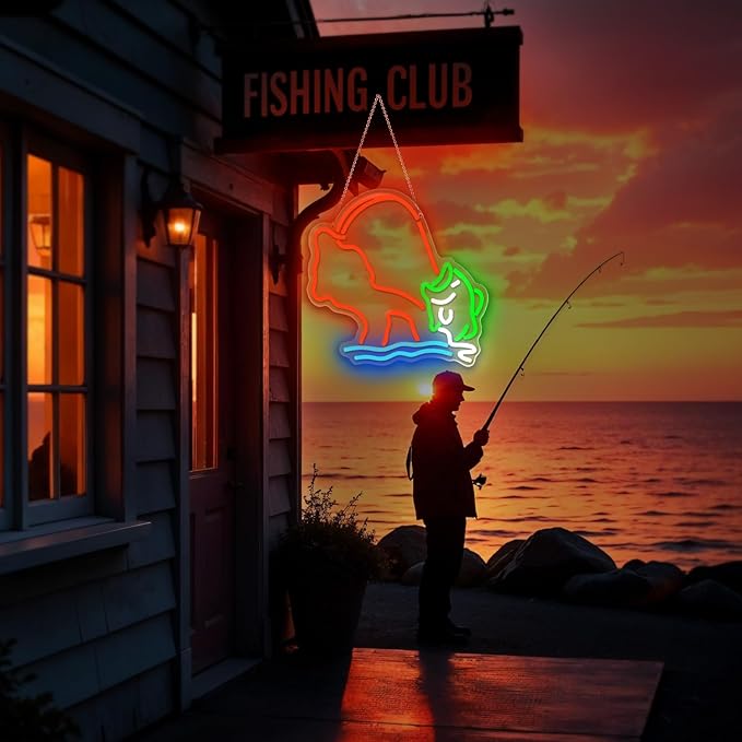Fishing Neon Sign,Neon fish Sign,Neon Signs for Wall Decor,LED Light Up Man Cave Sign with Fish Rod Graphic,Cool Gifts for Fishermen,Bar,Cabin,Rustic Lake House,USB Powered Neon Light