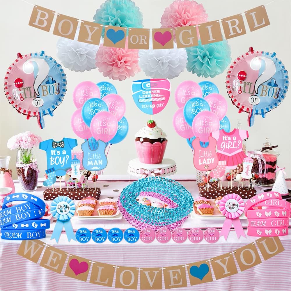 Winrayk Baby Gender Reveal Party Favors Supplies Ideas, Team Boy or Girl Pins Daddy and Mommy Badge Pin Silicone Bracelet Photo Prop Necklace, 104 Baby Shower Favors Pink Blue Gender Reveal Decor Game