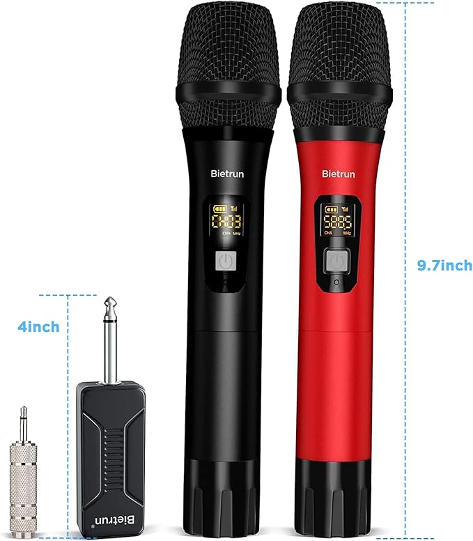 Bietrun Wireless Microphone Dynamic Mic System with Rechargeable Receiver, 1/4" Output, for Karaoke, Church, Speech, Wedding, Party Singing(160 ft Range)-Auto Connect