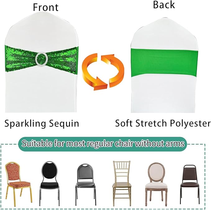 10 Pcs Chair Sashes Sequin Stretch Chair Bands Spandex Polyester Bows for Party Hotel Wedding Banquets Decoration - Green
