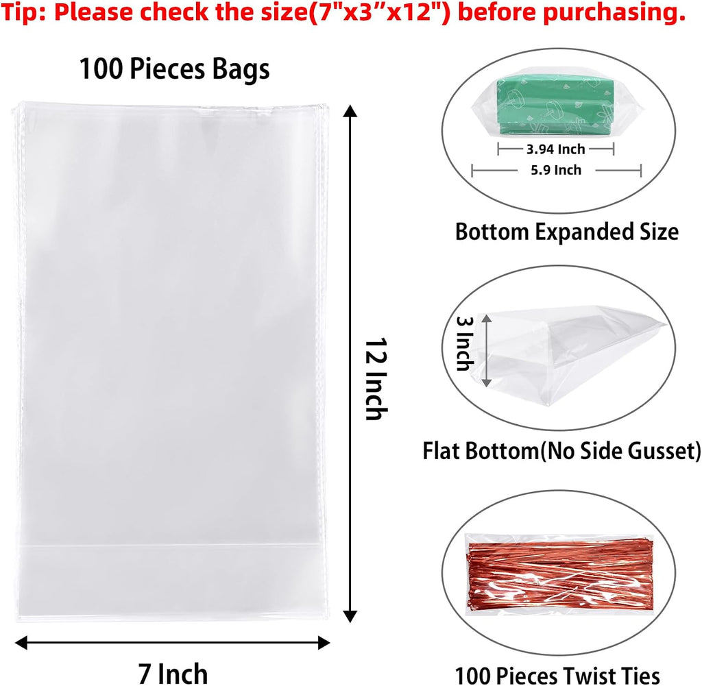 Morepack Flat Bottom Cellophane Bags,100 Pcs 7x3x12 Inches Clear Cello Bags Flat Bottom Cellophane Treat Bags for Cookie (No Side Gusset)