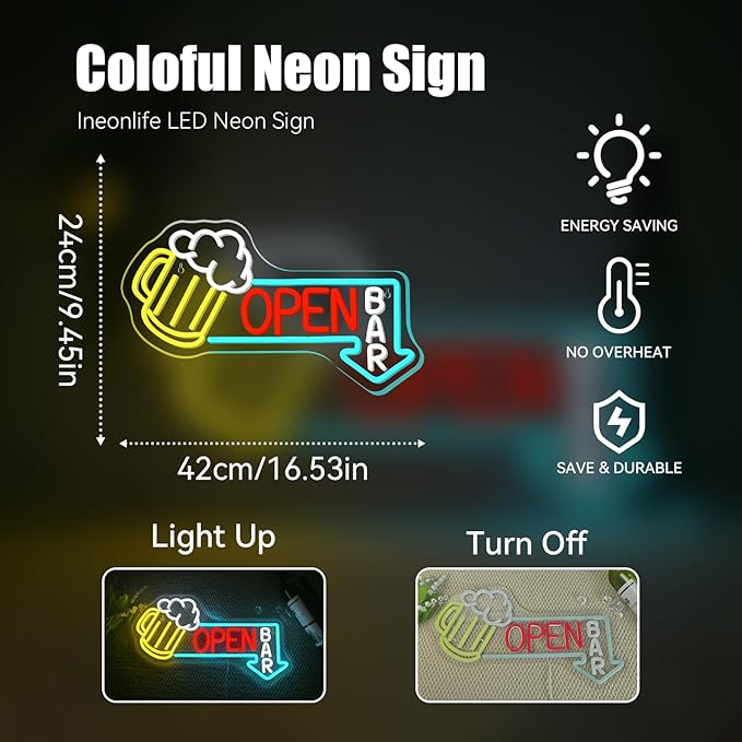 Ineonlife Bar Open Neon Sign Light Up for Wall Decor Cold Beer Led Sign for bar Small Acrylic Art Decor for restaurant business club party man cave Decorations 16.53x9.45 inch USB POWER