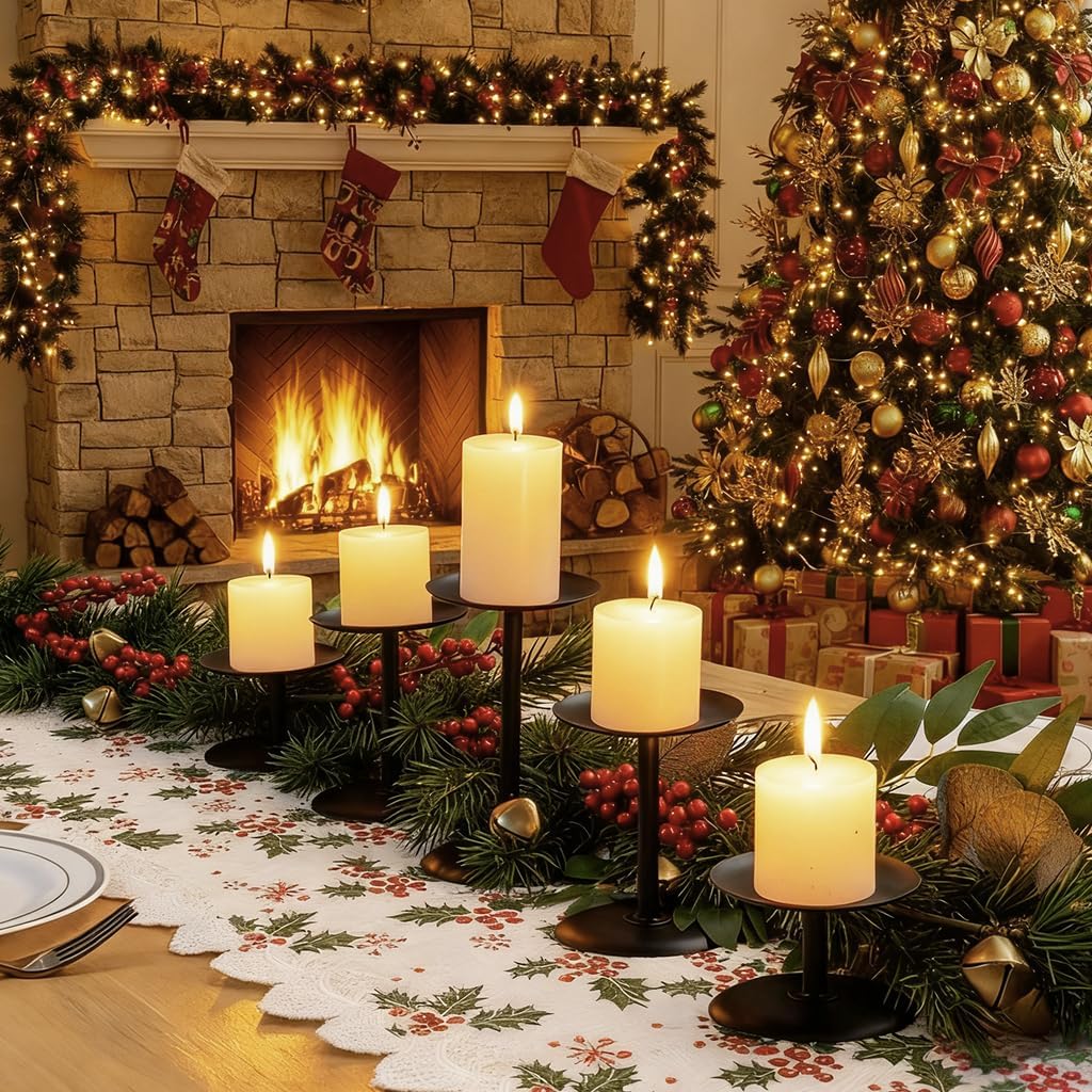 Homemory Christmas Metal Fall Candle Holders Stands for Pillar Candles Set of 5, Candleholder Sets for Table Centerpiece Fireplace (5, Black)