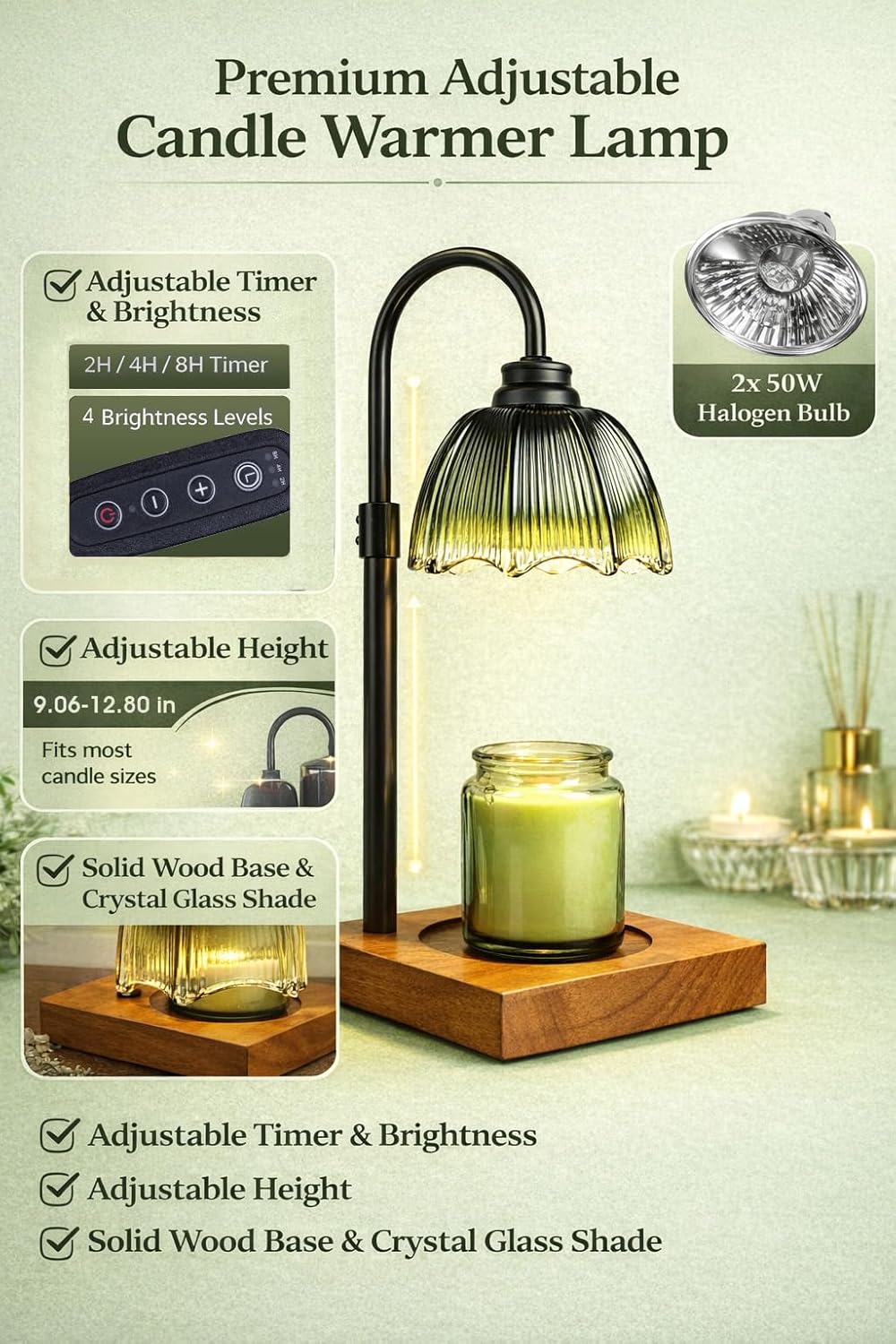 Candle Warmer Lamp, Candle Warmer for Jar Candles with Timer Dimmer & Adjustable Height, Flameless & Safe, Wood Base, 2 Bulbs Included – Home Decor for Bedroom & Relaxation, Housewarming Gift