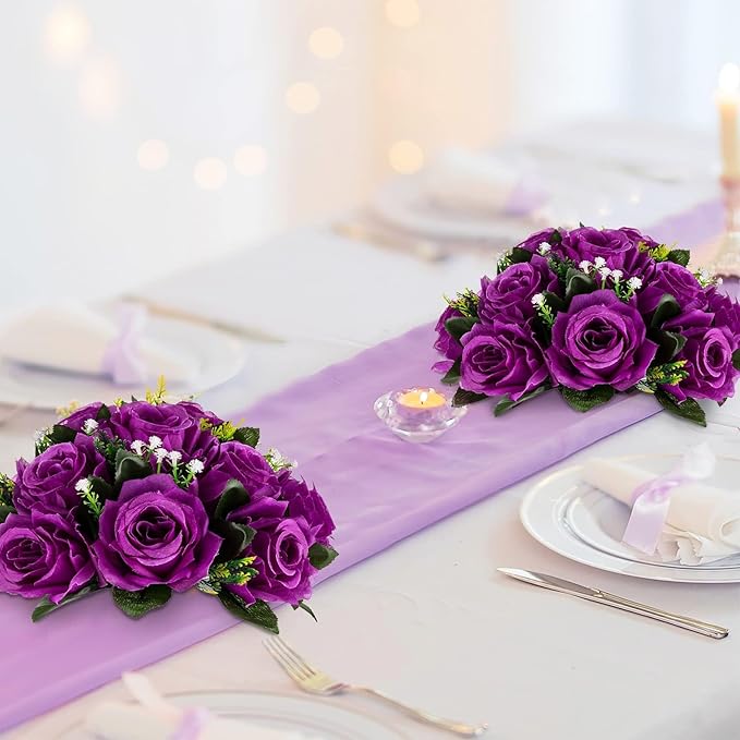 BLOSMON Flower Balls Wedding Rose Centerpieces 6 Pcs Purple Fake Flowers with Base Kissing Balls Decor Artificial Floral Arrangements Flower Bouquet of Roses Home Party Table DIY Decorations