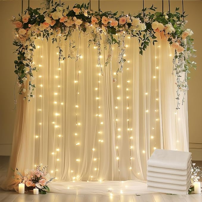 Tulle Backdrop Curtain with Lights String 30 X 10FT Champagne Sheer Tulle Backdrop Curtains for Wedding Birthday Party Reception Photo Booth Background Decorations (6 Panels 5x10FT)