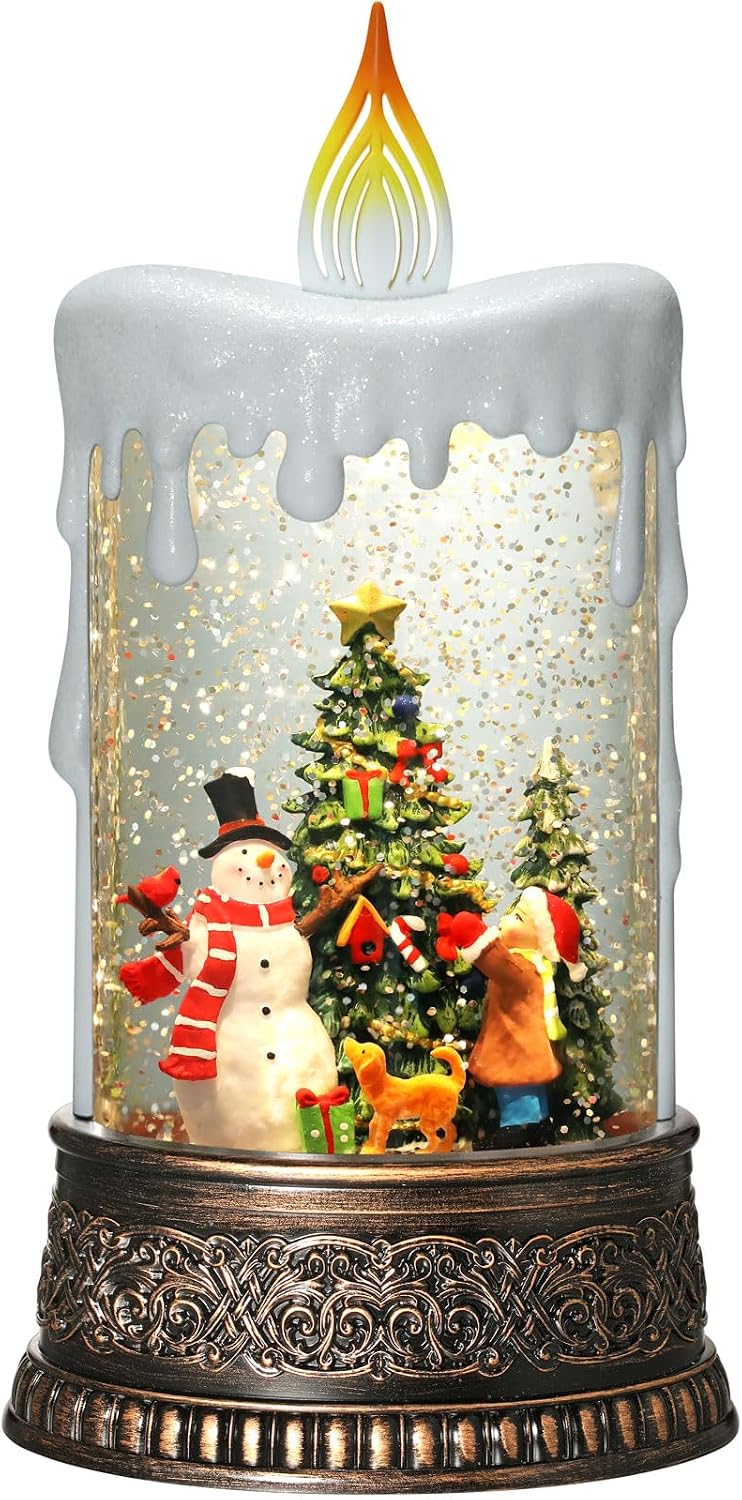 Snowman Christmas Snow Globe Lantern, Lighted Christmas Decorations for Home Candle Shaped Snow Lantern with Music Timer Glittering, Home Decor Festival Gife, USB & Battery Operated