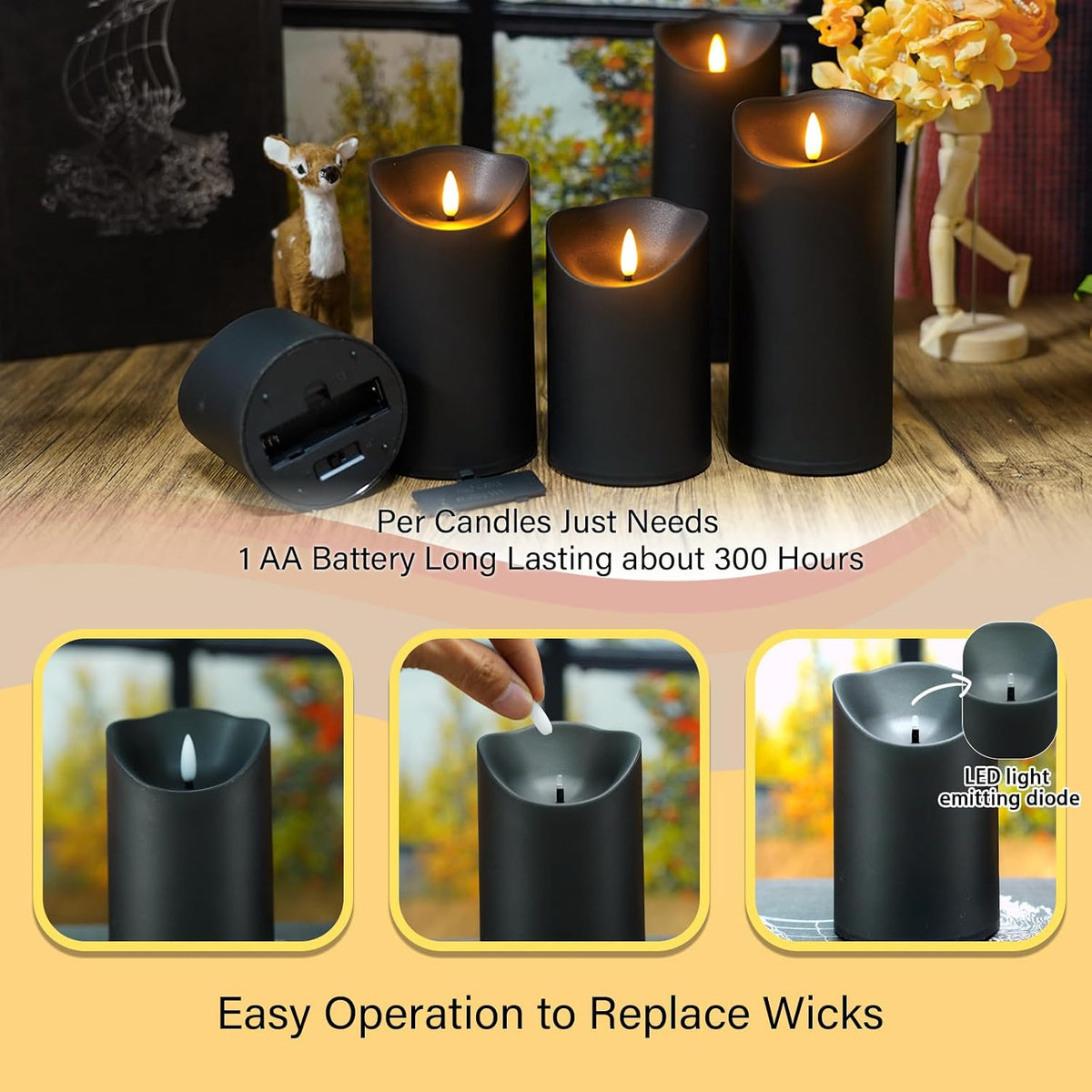 nimiko flameless candles with remote, battery operated flickering shown in use