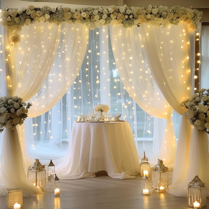 20×10ft Cream White Tulle Backdrop Curtain with Lights String for Parites, Sheer Curtain Backdrop Drapes for Wedding Party Home Decorations