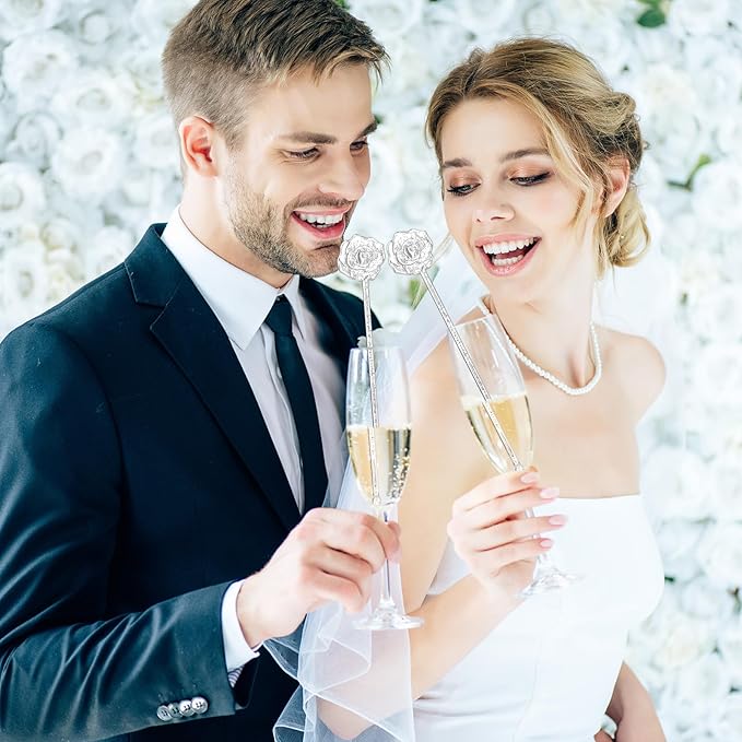 100 Pcs Silver Glitter Drink Stirrers Cocktails Plastic Swizzle Sticks 7.5 Inch Cupcake Pop Sticks Toppers Rose Top Wedding Drink Stirrers for Mixed Drinks Coffee Birthday Wedding Party