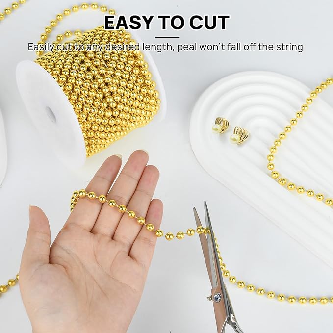 Craft String Pearls 6MM Pearl Bead, 66 Feet Gold Faux Pearl Garland Spool Roll Strand Wedding Party Decoration, Christmas Tree Decorations