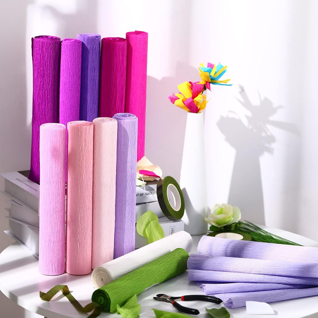 Leinuosen 65 Pcs Crepe Paper Flower DIY Kits 12 Rolls 10 x 98 Inch Crepe Paper Rolls Sheets 100 Floral Iron Wire 1 Wire Cutter 2 Tapes for Birthday Party Wedding Wreath Flower Making(Elegant Colors)