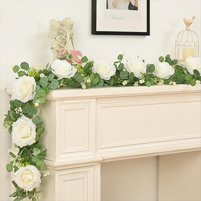 Dolicer 2Pcs 13Ft Artificial Eucalyptus Garlands with Flowers - 8 Roses, Faux Floral Greenery Garlands Fake Flowers Vines for Wedding Table Centerpieces Arch Party Ceremony Backdrop Decor (White)